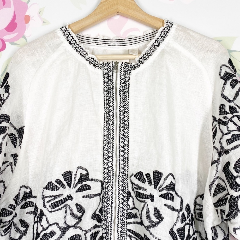 Chico’s Floral Boho Embroidered Linen Zip Up Blouse XL - Picture 2 of 13